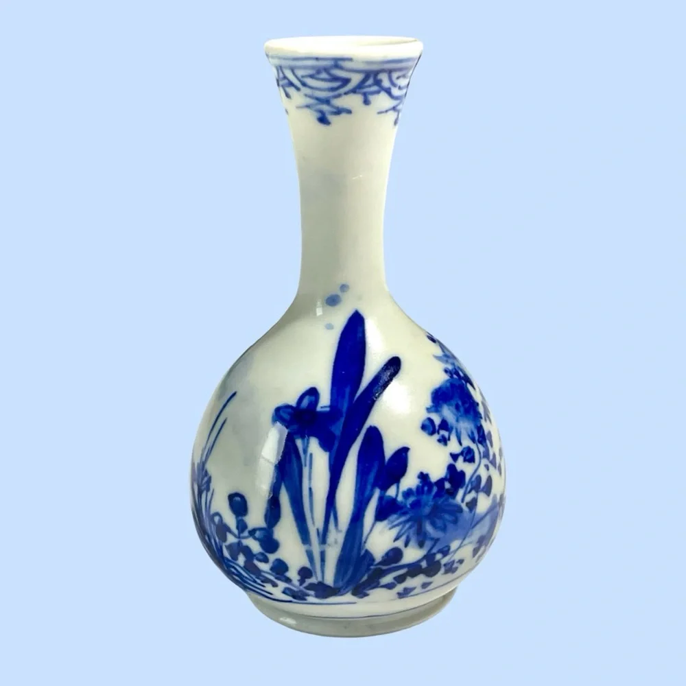 19th Century Chinese Blue and White Hand Painted Porcelain Bottle Bud Vase